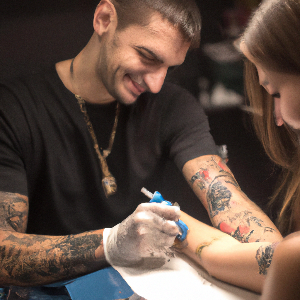 tattoo artist at work with a beautiful woman